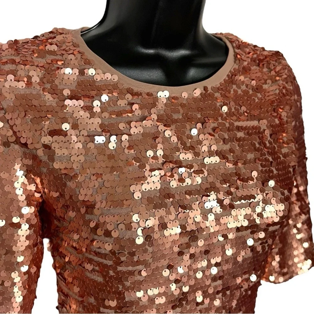 NEW BCBGMAXARIA FITTED SEQUIN DRESS LARGE ROSE GOLD STRETCH cocktail PARTY - Picture 3 of 12